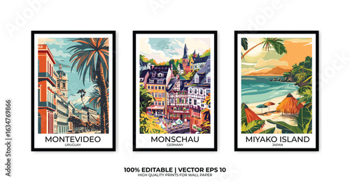 Set of 3 Vintage travel posters, Vintage travel illustrations, Vector colorful illustrations. Trendy printable wall art with beautiful landscapes.