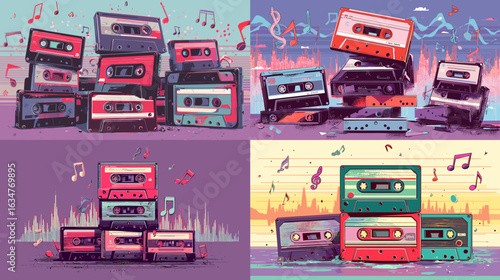 Vibrant retro-style illustration of colorful cassette tapes with music notes and abstract backgrounds, perfect for nostalgic music themes.