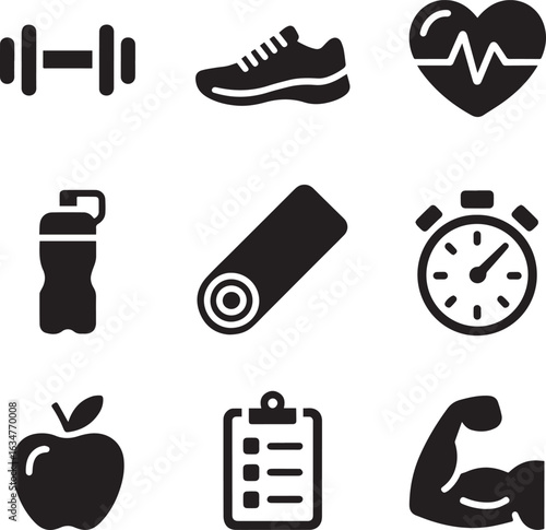 Fitness icons dumbbell shoe heart water bottle yoga mat stopwatch apple clipboard muscle health exercise