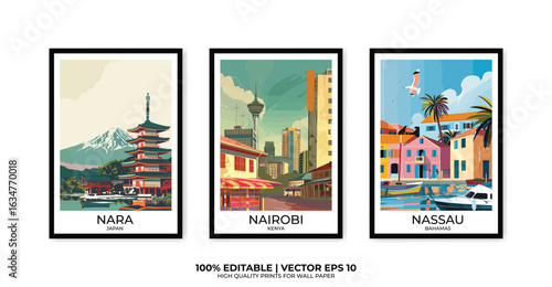 Set of 3 Vintage travel posters, Vintage travel illustrations, Vector colorful illustrations. Trendy printable wall art with beautiful landscapes.