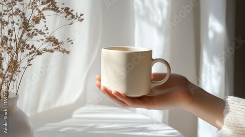 Manicured hand holding a minimalist ceramic coffee cup
