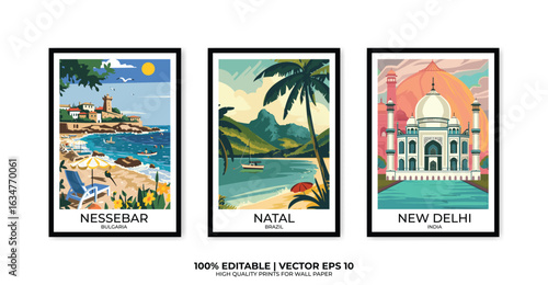 Set of 3 Vintage travel posters, Vintage travel illustrations, Vector colorful illustrations. Trendy printable wall art with beautiful landscapes.