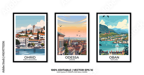 Set of 3 Vintage travel posters, Vintage travel illustrations, Vector colorful illustrations. Trendy printable wall art with beautiful landscapes.