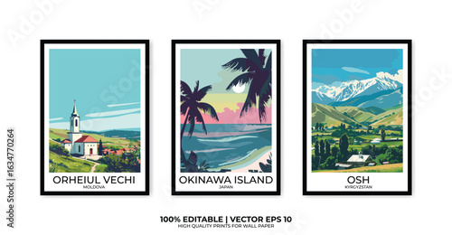 Set of 3 Vintage travel posters, Vintage travel illustrations, Vector colorful illustrations. Trendy printable wall art with beautiful landscapes.