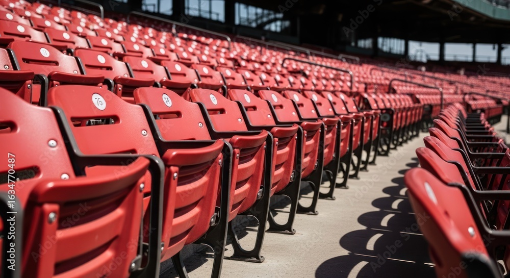 Naklejka premium Rows of red stadium seats. Empty, awaiting fans