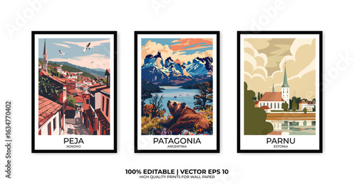 Set of 3 Vintage travel posters, Vintage travel illustrations, Vector colorful illustrations. Trendy printable wall art with beautiful landscapes.