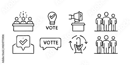 Voting, election line icon set. Vector pictograms of democratic processes, civic participation, ballot boxes, candidates, debates, voter engagement, checkmark thin linear illustration