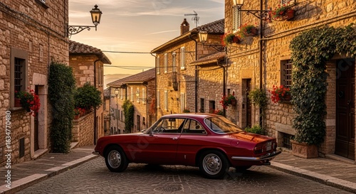Fototapeta Naklejka Na Ścianę i Meble -  Red vintage car in a narrow Italian street at sunset