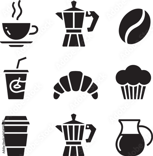 Hot Coffee Cup Croissant Muffin Drink Bean Pot Pitcher steam saucer