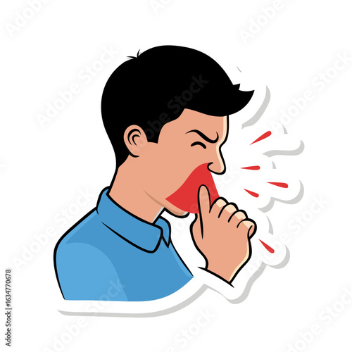 Vector sticker of a silhouette of the head of a man who sneezes or coughs, covering himself with a handkerchief. Inflamed red nose, illness, cold, cough. Simple outline style icon with stroke. See Les