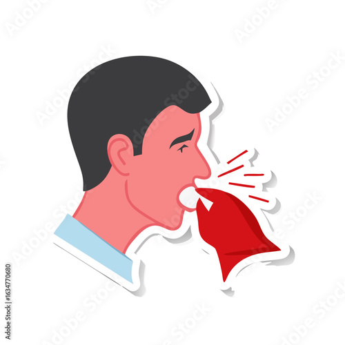 Vector sticker of a silhouette of the head of a man who sneezes or coughs, covering himself with a handkerchief. Inflamed red nose, illness, cold, cough. Simple outline style icon with stroke. See Les