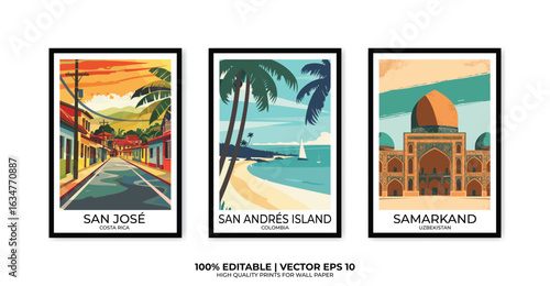 Set of 3 Vintage travel posters, Vintage travel illustrations, Vector colorful illustrations. Trendy printable wall art with beautiful landscapes.