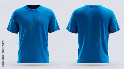 Defined blue t-shirt mock-up template using 3D t-shirt mock-up method. Both sides clear. Easy-to-edit body, wrinkle-free build, dark shading