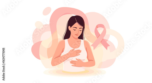 A woman gently touches her chest, symbolizing breast cancer awareness and the importance of self-examination and support.