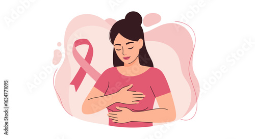 A woman in a pink shirt performs a crucial breast self-examination, promoting early detection and breast cancer awareness with a symbolic pink ribbon.