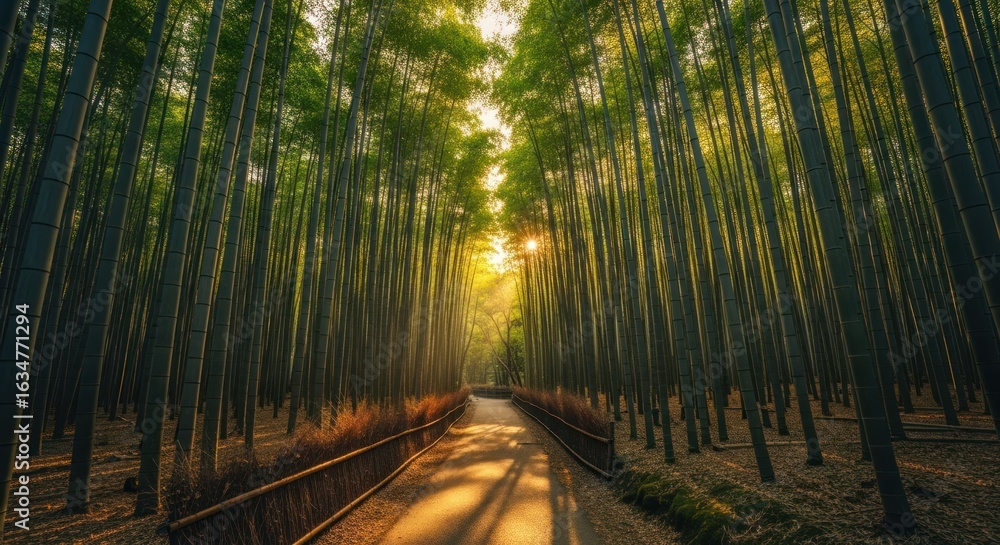 Fototapeta premium Sunbeams pierce a dense bamboo forest. A path winds through tall, green stalks. Sunlight creates a golden glow