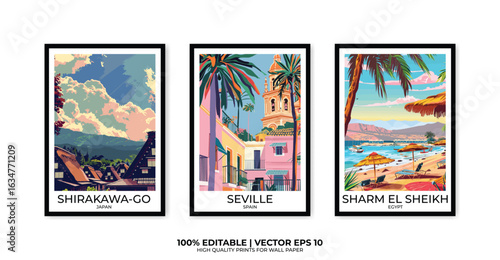Set of 3 Vintage travel posters, Vintage travel illustrations, Vector colorful illustrations. Trendy printable wall art with beautiful landscapes.
