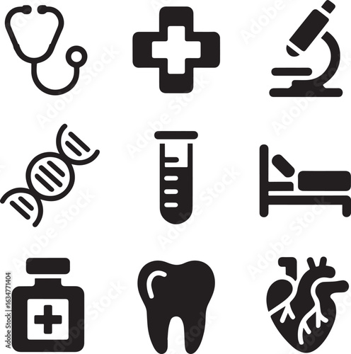 Medical Icons Stethoscope Cross Microscope D N A Test Tube Bedside Bed Medicine Tooth Heart healthcare