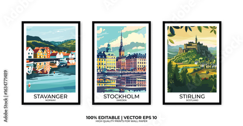 Set of 3 Vintage travel posters, Vintage travel illustrations, Vector colorful illustrations. Trendy printable wall art with beautiful landscapes.