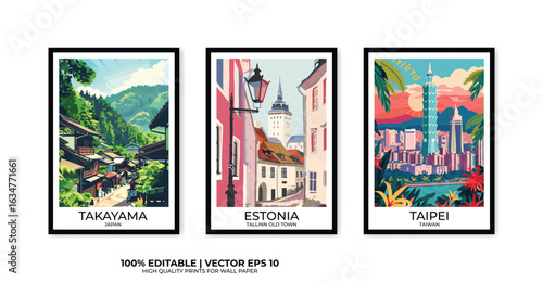 Set of 3 Vintage travel posters, Vintage travel illustrations, Vector colorful illustrations. Trendy printable wall art with beautiful landscapes.