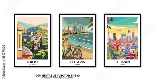 Set of 3 Vintage travel posters, Vintage travel illustrations, Vector colorful illustrations. Trendy printable wall art with beautiful landscapes.