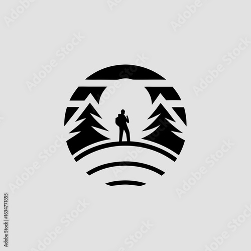 Silhouette hiker with trees and moon isolated on white background