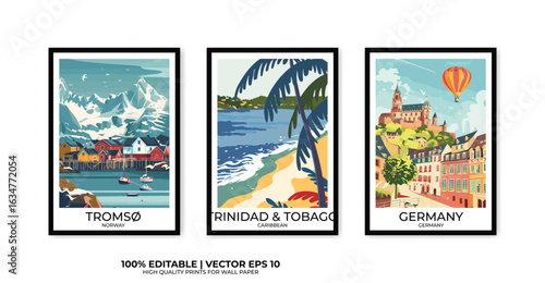 Set of 3 Vintage travel posters, Vintage travel illustrations, Vector colorful illustrations. Trendy printable wall art with beautiful landscapes.