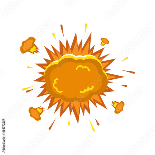 Cartoon explosion burst with fire and smoke cloud isolated on white
