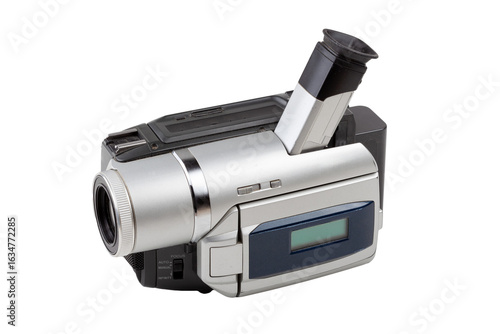 Retro handheld camcorder video camera with flip viewfinder and tape cassette compartment isolated on white background, cut out, classic home recording device side view angle, vintage 90s tech object