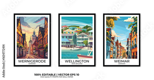 Set of 3 Vintage travel posters, Vintage travel illustrations, Vector colorful illustrations. Trendy printable wall art with beautiful landscapes.