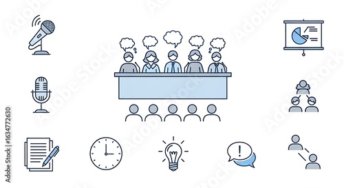 Business Meeting Icons Representing Ideas, Communication, Presentation, and Teamwork Concepts