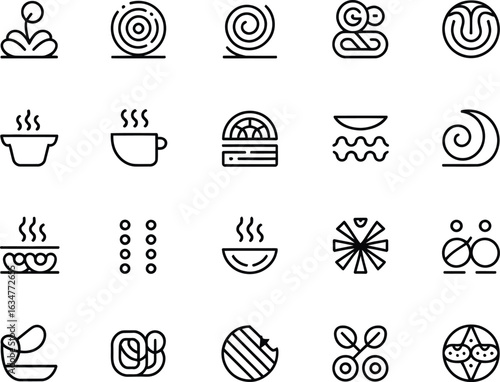 Set of 16 Simple Line Art Icons Representing Food, Drinks, and Abstract Forms