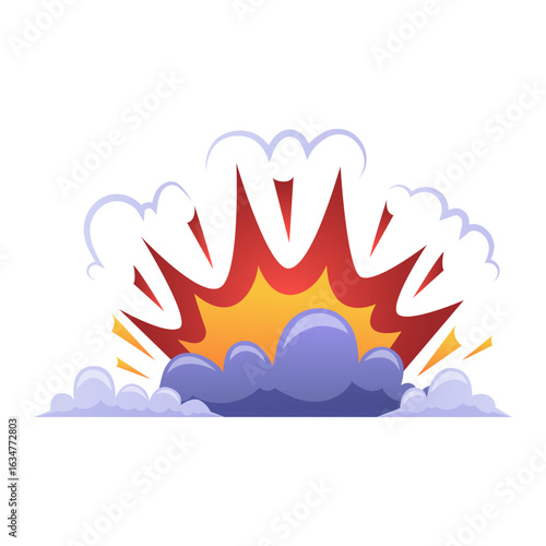 Fiery cartoon explosion with smoke cloud vector illustration