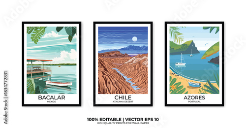 Set of 3 Vintage travel posters, Vintage travel illustrations, Vector colorful illustrations. Trendy printable wall art with beautiful landscapes.