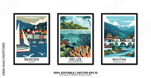 Set of 3 Vintage travel posters, Vintage travel illustrations, Vector colorful illustrations. Trendy printable wall art with beautiful landscapes.