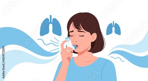 Young woman using an inhaler to treat breathing difficulties, illustrating respiratory health and medical care for asthma.