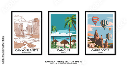 Set of 3 Vintage travel posters, Vintage travel illustrations, Vector colorful illustrations. Trendy printable wall art with beautiful landscapes.