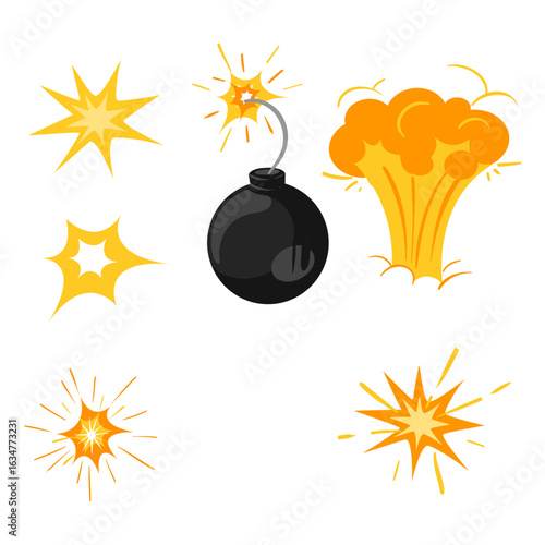 Cartoon bomb explosion and comic burst effects vector elements set