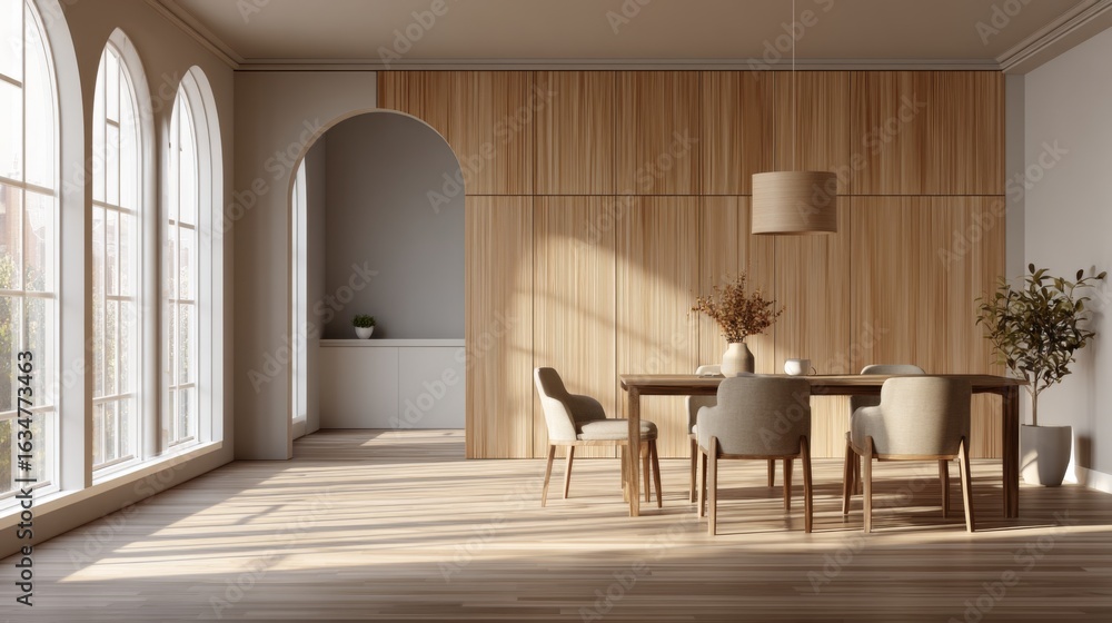 Fototapeta premium Modern dining room interior with wooden paneling walls and large arched windows natural light