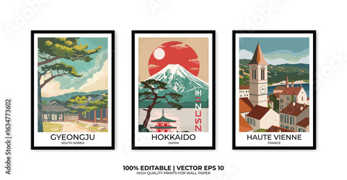 Set of 3 Vintage travel posters, Vintage travel illustrations, Vector colorful illustrations. Trendy printable wall art with beautiful landscapes.
