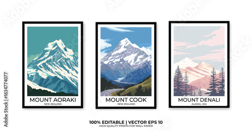 Set of 3 Vintage travel posters, Vintage travel illustrations, Vector colorful illustrations. Trendy printable wall art with beautiful landscapes.