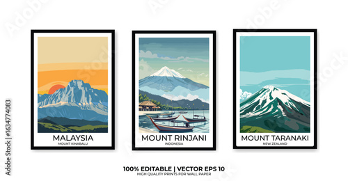Set of 3 Vintage travel posters, Vintage travel illustrations, Vector colorful illustrations. Trendy printable wall art with beautiful landscapes.