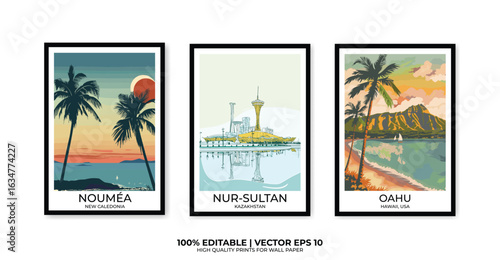 Set of 3 Vintage travel posters, Vintage travel illustrations, Vector colorful illustrations. Trendy printable wall art with beautiful landscapes.
