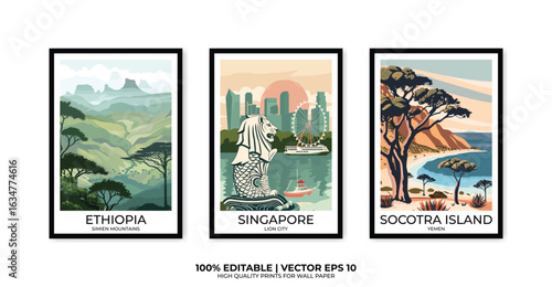Set of 3 Vintage travel posters, Vintage travel illustrations, Vector colorful illustrations. Trendy printable wall art with beautiful landscapes.