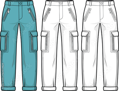 Cargo pants illustration, teal pants, black and white sketch, zippered pockets, flap pockets, belt loops, button waist, rolled cuffs