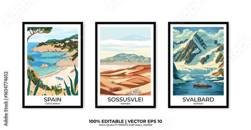 Set of 3 Vintage travel posters, Vintage travel illustrations, Vector colorful illustrations. Trendy printable wall art with beautiful landscapes.