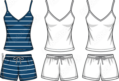 Casual summer clothing illustration, sleeveless tops, drawstring shorts, striped design, V-neck, elastic waistband, fashion sketch, garment template
