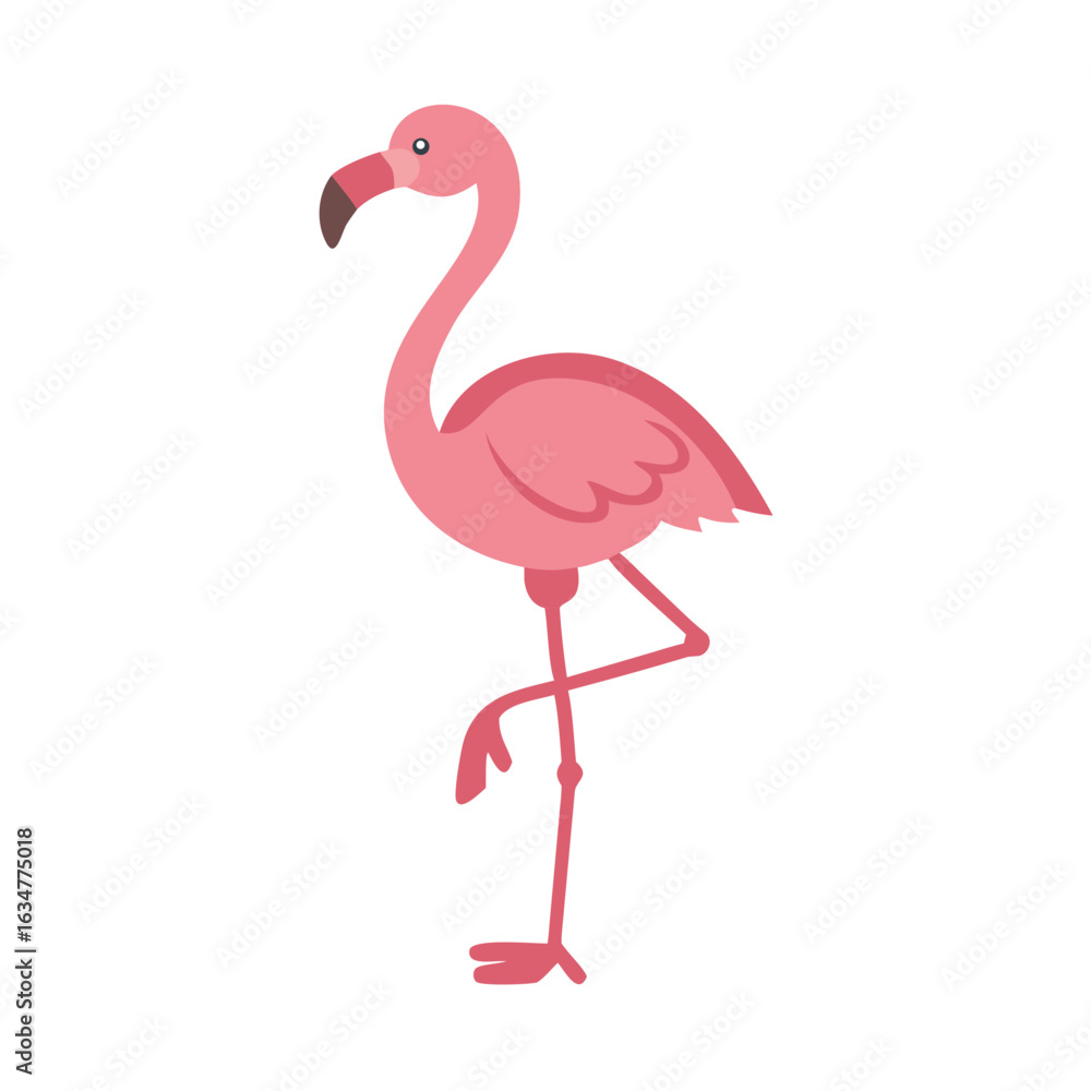 Fototapeta premium Cute cartoon flamingo standing on one leg with playful expression on white background 