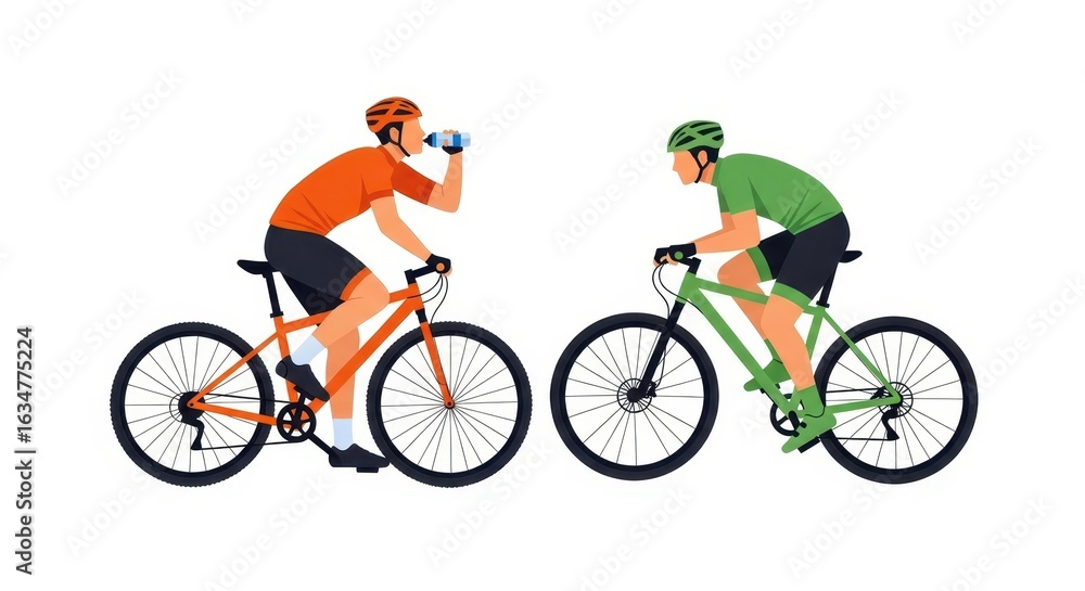 Naklejka premium Flat illustration of two cyclists in colorful jerseys and helmets ride their bicycles, one drinking water