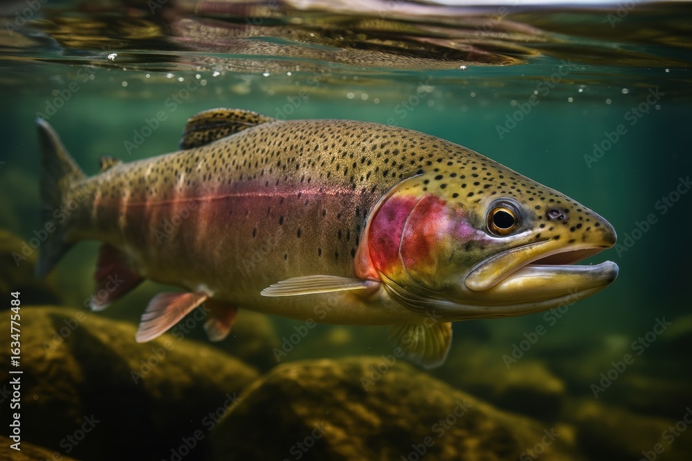Fototapeta premium Rainbow trout swimming under crystal‑clear water 